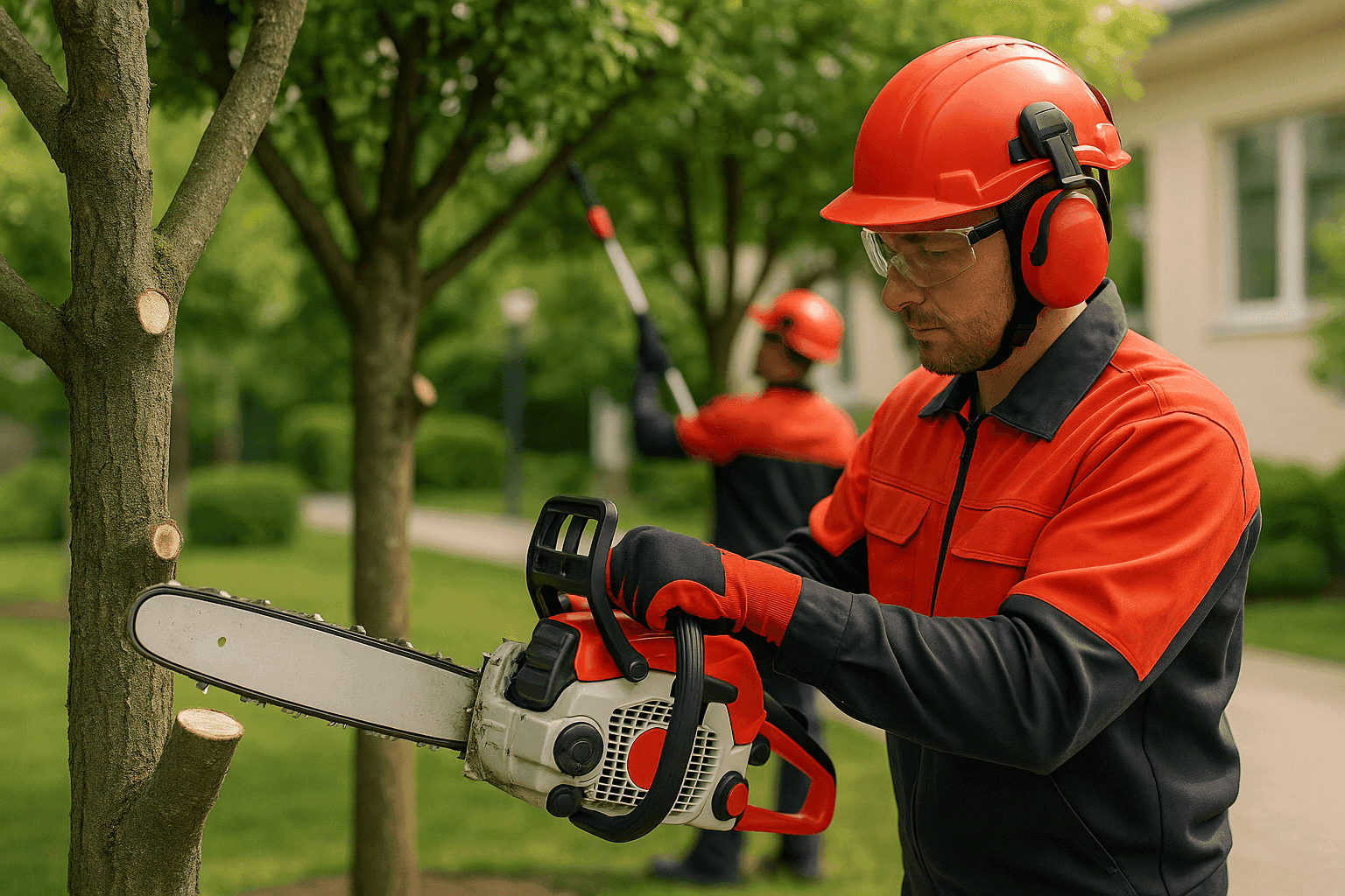 Professional tree service workers in safety gear trimng trees at a clean residential or commercial property