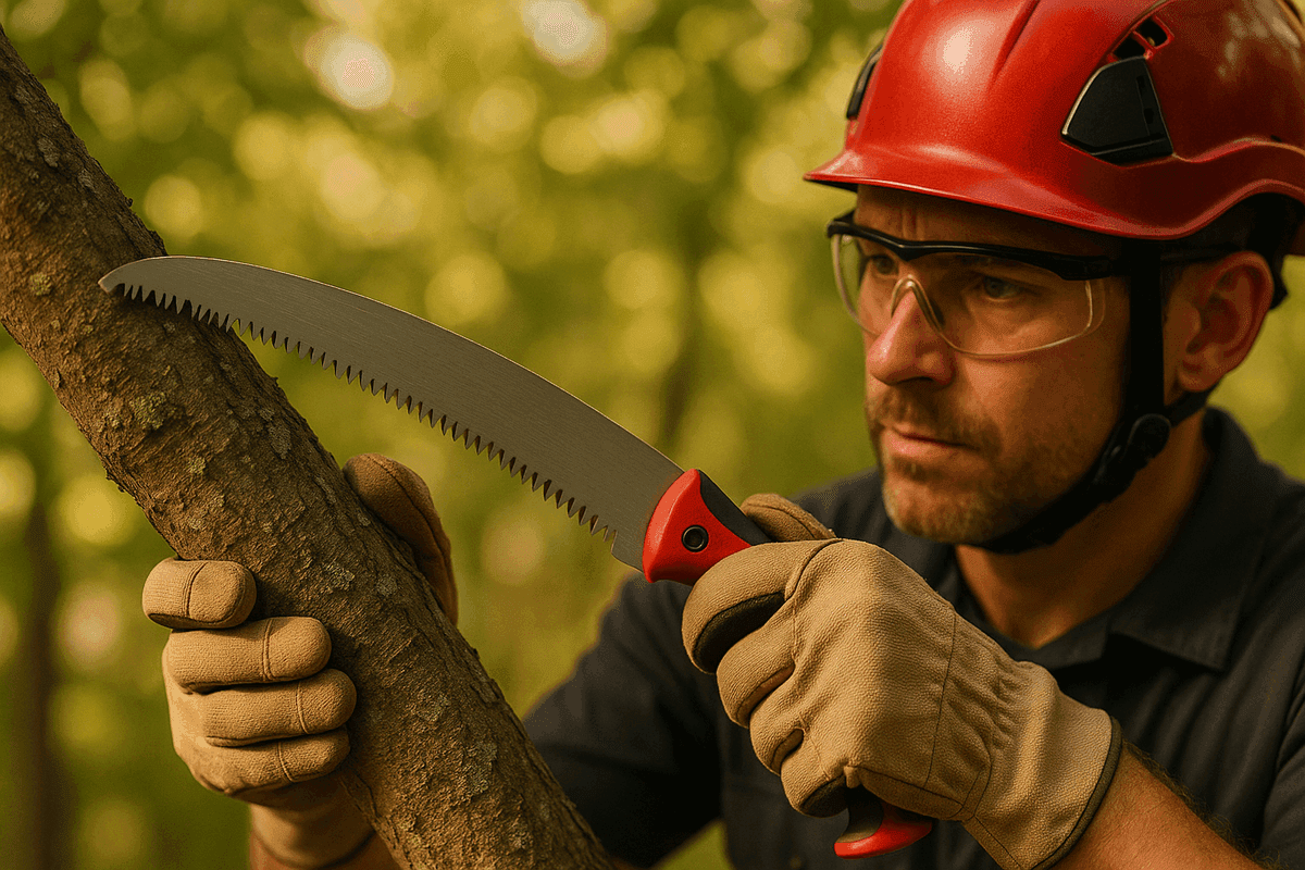 Close-up of arborist’s gloved hands cutting a healthy tree branch with a pruning saw