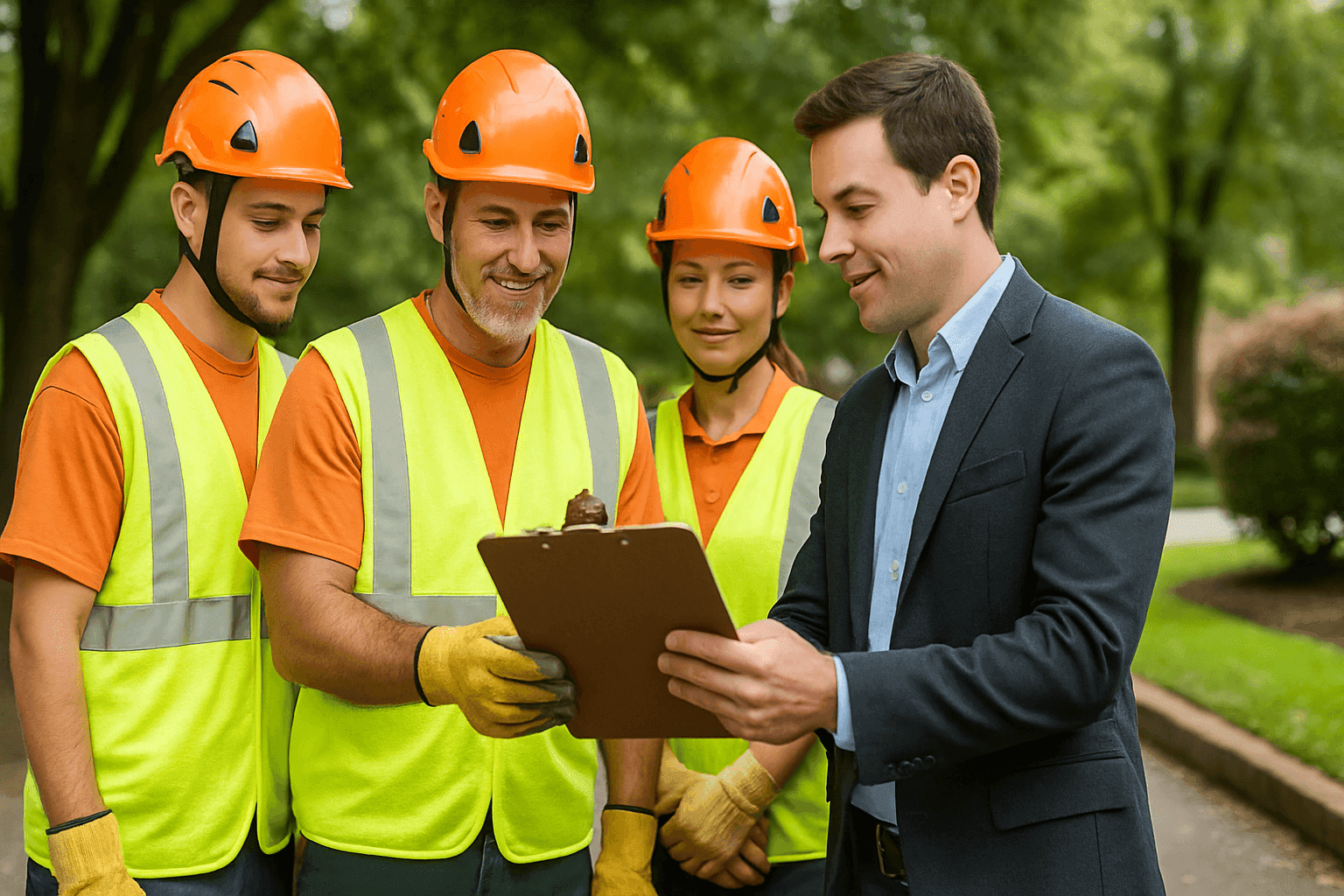 Tree care team discussing service plan with property manager outdoors