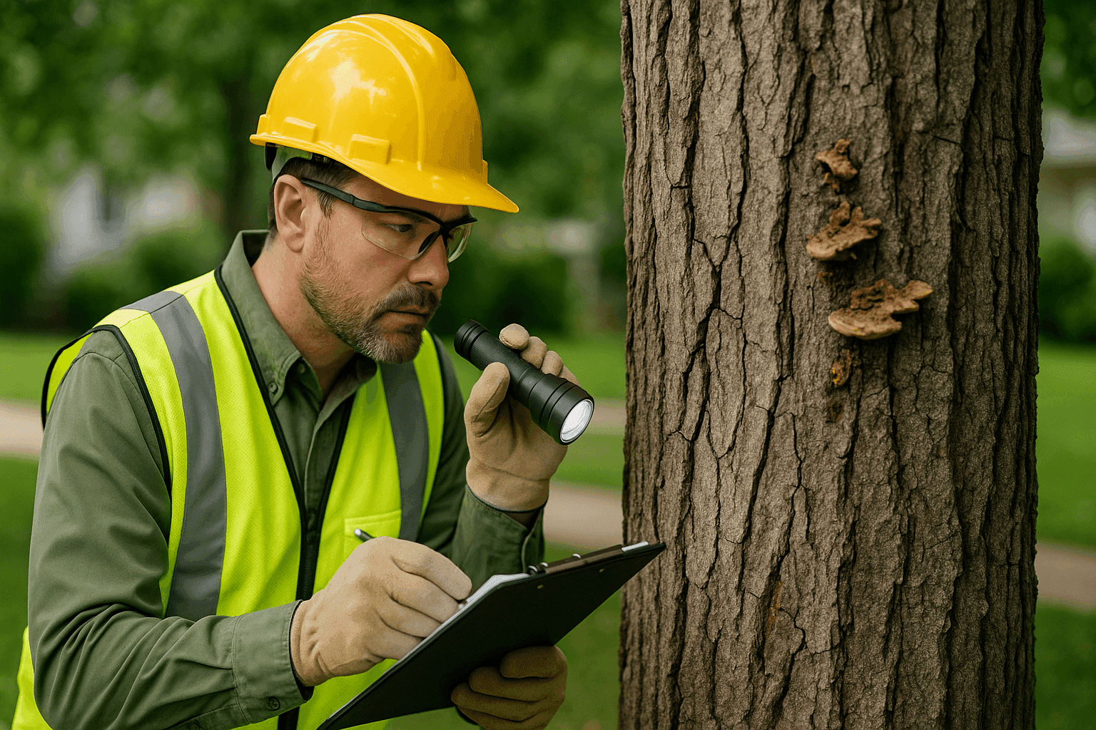 Certified arborist inspecting large tree for signs of hazard